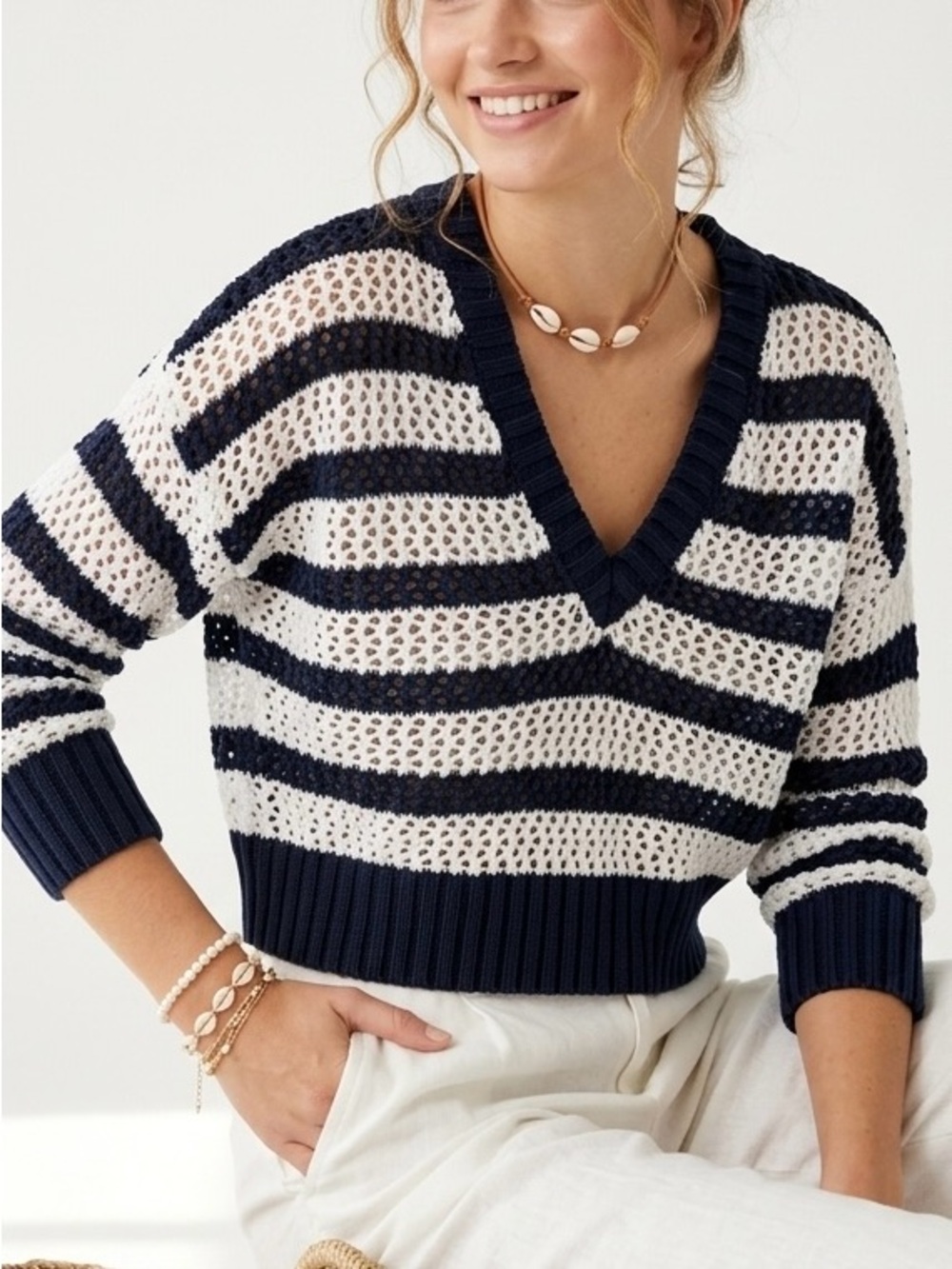 OFFLINE by Aerie Open Knit Striped Crochet V-Neck Cropped Pullover Sweater L
